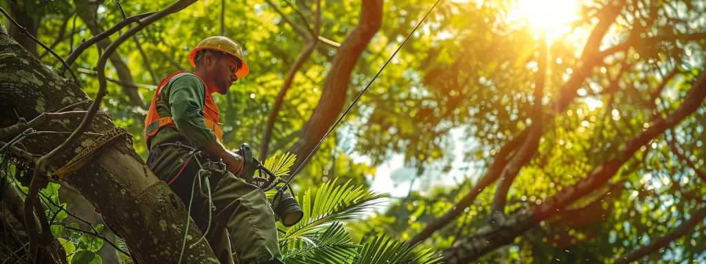 a certified arborist expertly trims lush green trees against a vibrant central florida backdrop, showcasing the importance of professional tree care for enhanced yard safety and aesthetic appeal.