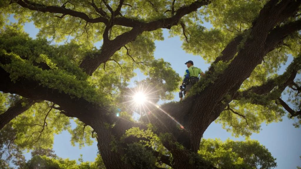 a certified arborist inspects a lush, green tree under the vibrant sunlight of central florida, showcasing the expert care and management that enhances its vitality and health.