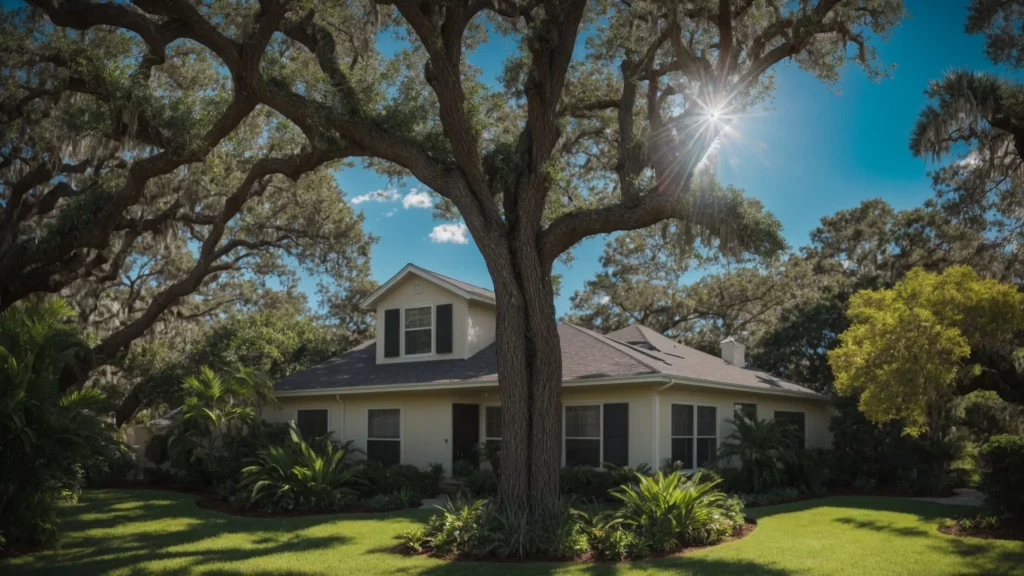 a professional arborist expertly removes a large, overgrown tree in a vibrant central florida yard under clear blue skies, highlighting the importance of skilled tree care and homeowner satisfaction.