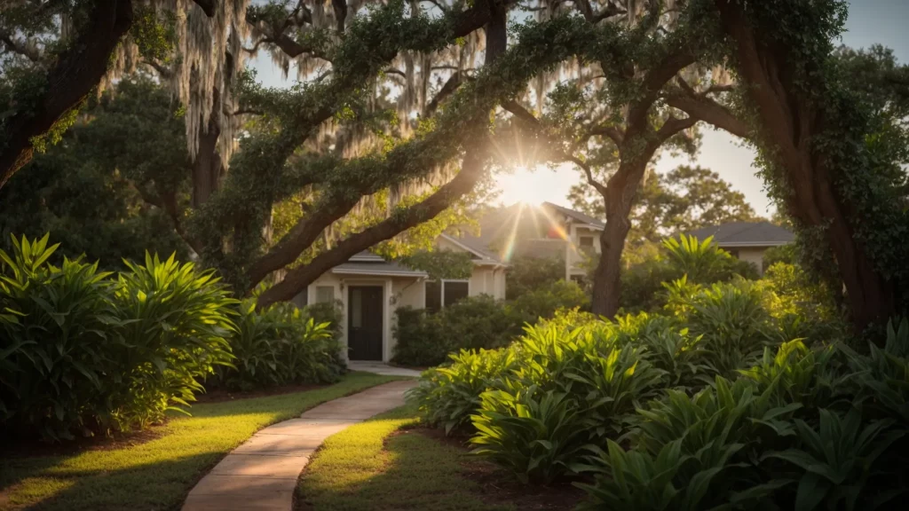 a vibrant central florida landscape showcases a professional arborist team skillfully tending to lush, healthy trees, symbolizing transparent pricing and significant savings for homeowners.