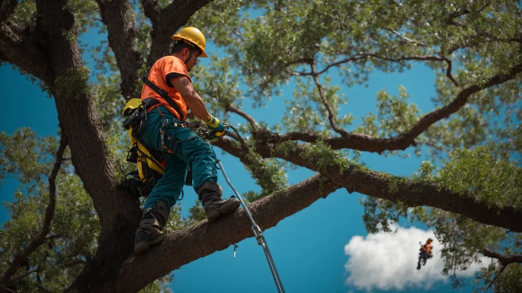 a vibrant scene of a skilled arborist expertly pruning a lush, green tree against the bright blue sky of central florida, highlighting the benefits of professional tree care and enhancement of property value.