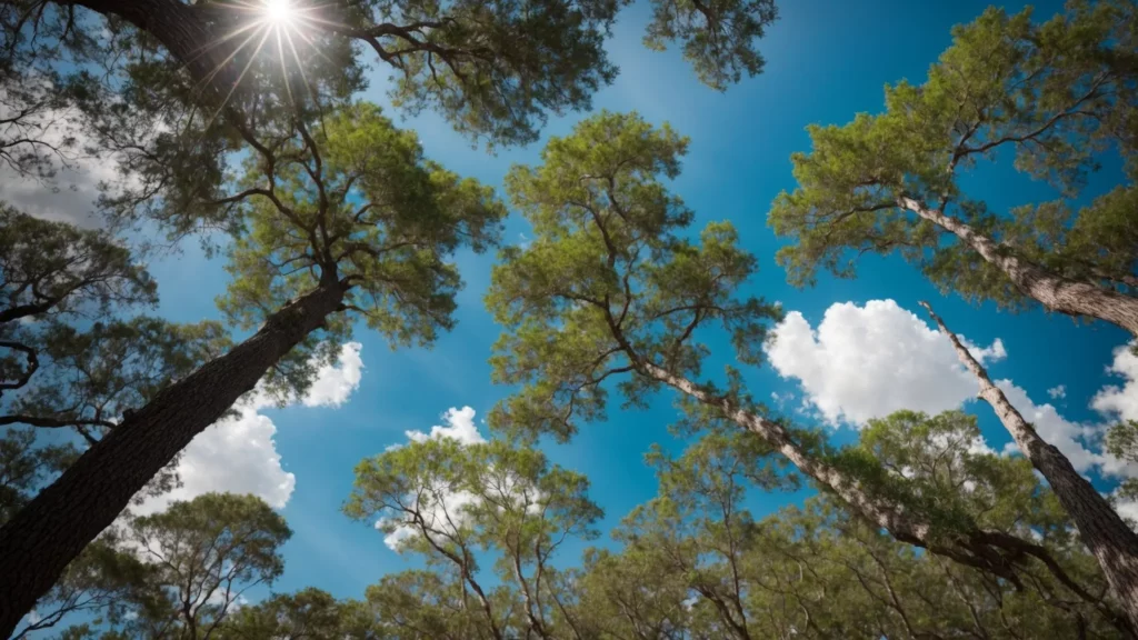 a vibrant, sunlit central florida landscape showcases lush, expertly maintained trees, illustrating the profound environmental benefits of professional tree care with a clear blue sky reflecting enhanced air quality.