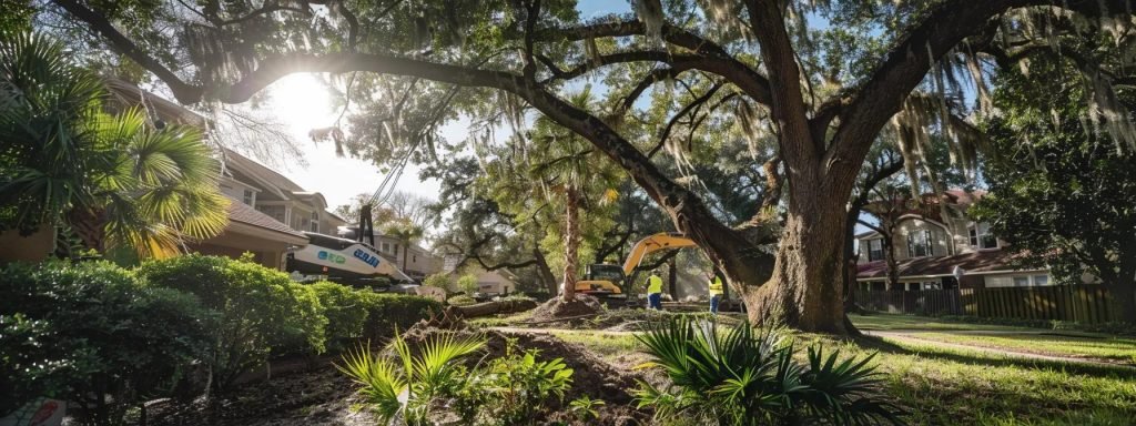 a professional tree removal crew in bright safety gear operates seamlessly in a bustling jacksonville neighborhood, strategically using equipment to expertly dismantle a large tree overhanging a residential property, with urban architecture framing the background.