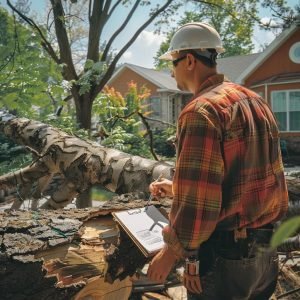 Certified arborist inspecting fallen tree for insurance claim