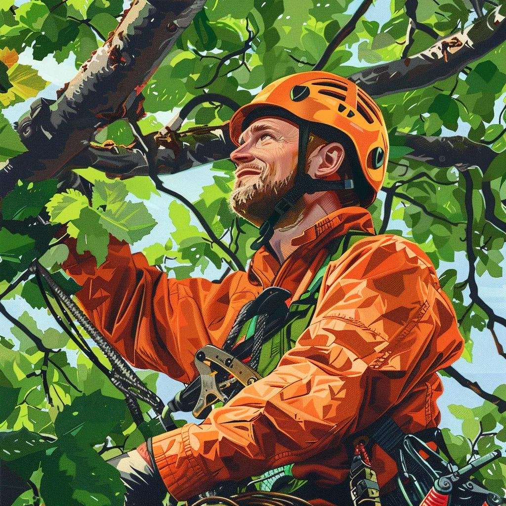 Professional arborist working with trees, emphasizing tree care and certification