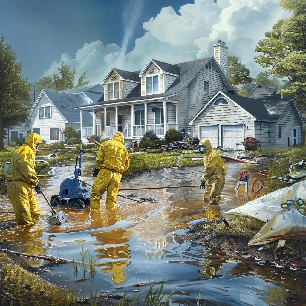 Storm damage cleanup process with technicians performing restoration tasks