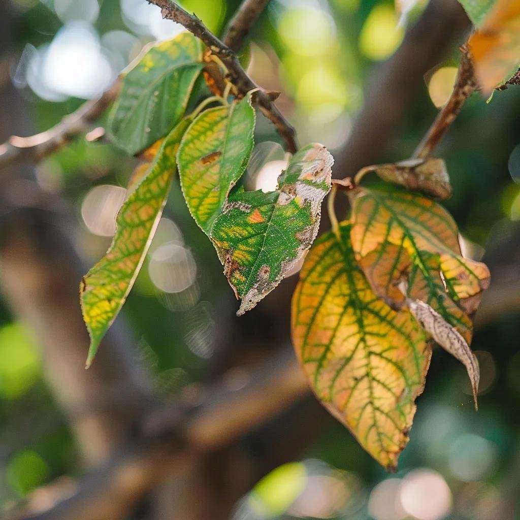 Close-up of tree leaves showing signs of disease, emphasizing the need for early detection