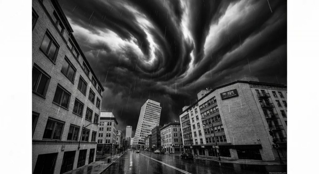 Storm-damaged tree posing risks to homes, illustrating common emergency tree removal situations