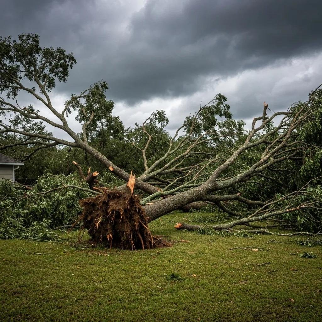 Hurricane tree damage in Jacksonville with uprooted trees and broken limbs in a residential yard