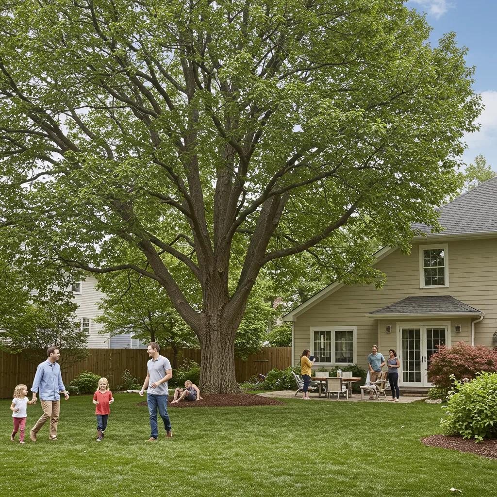 A family enjoying time in their backyard under a large, healthy tree, highlighting the monetary impact of trees on property value.
