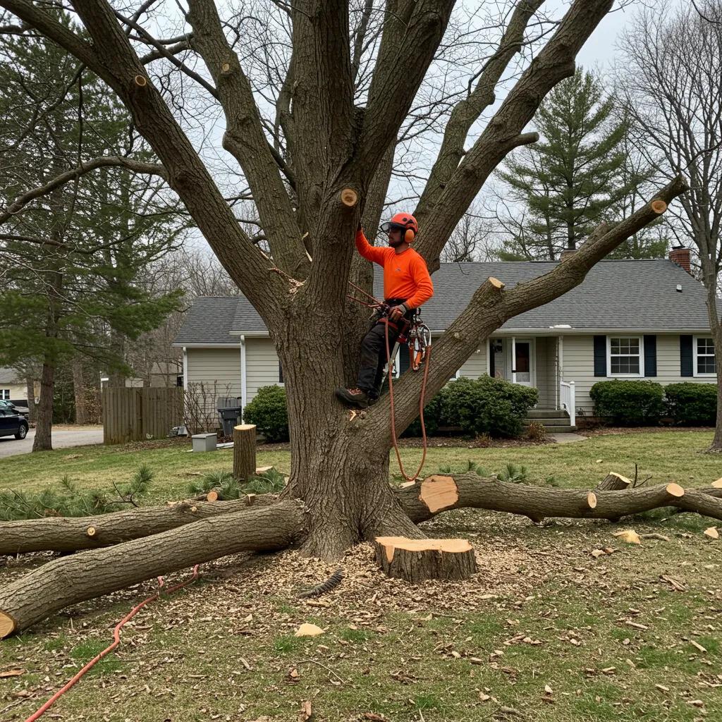 An ISA Certified Arborist trimming a large tree, demonstrating the importance of professional tree care for property value.