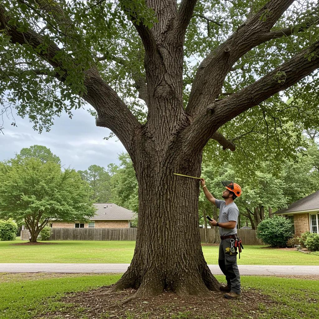 Certified arborist assessing a large tree in a Jacksonville backyard, emphasizing tree appraisal services