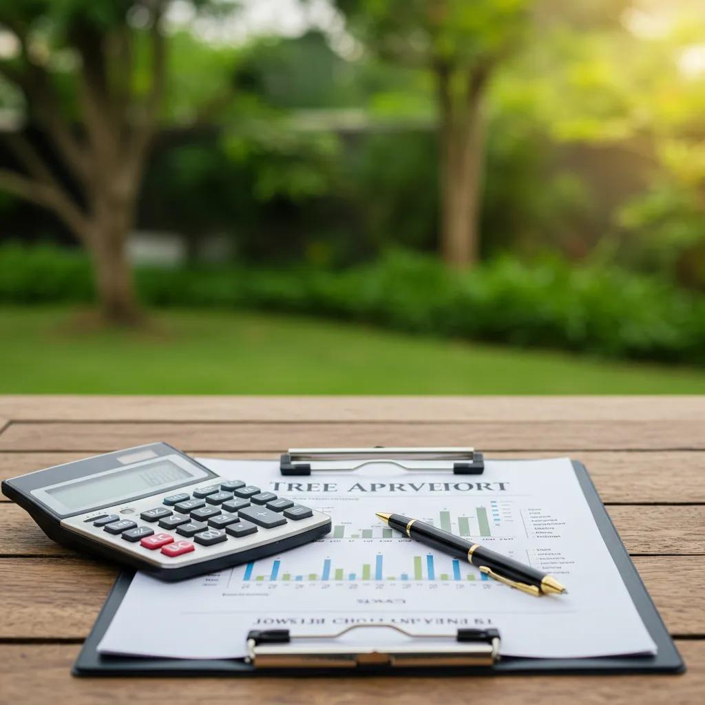 Clipboard with tree appraisal report and calculator on a wooden table in a garden setting