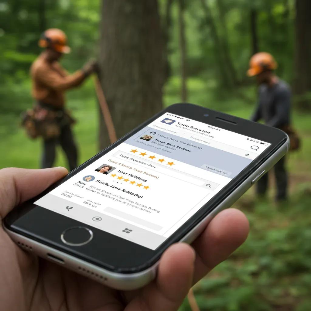 Close-up of smartphone displaying Facebook tree service reviews with star ratings