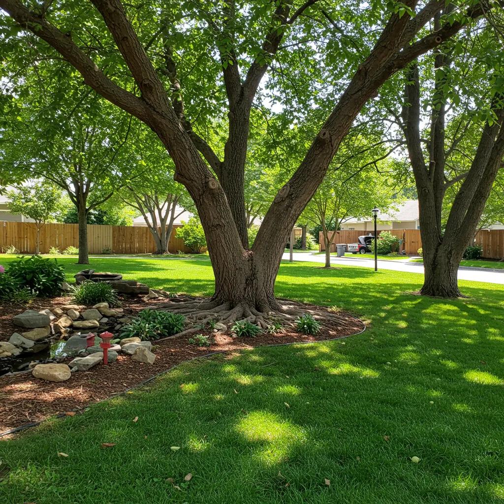 Diverse trees in a residential area promoting water conservation and erosion control