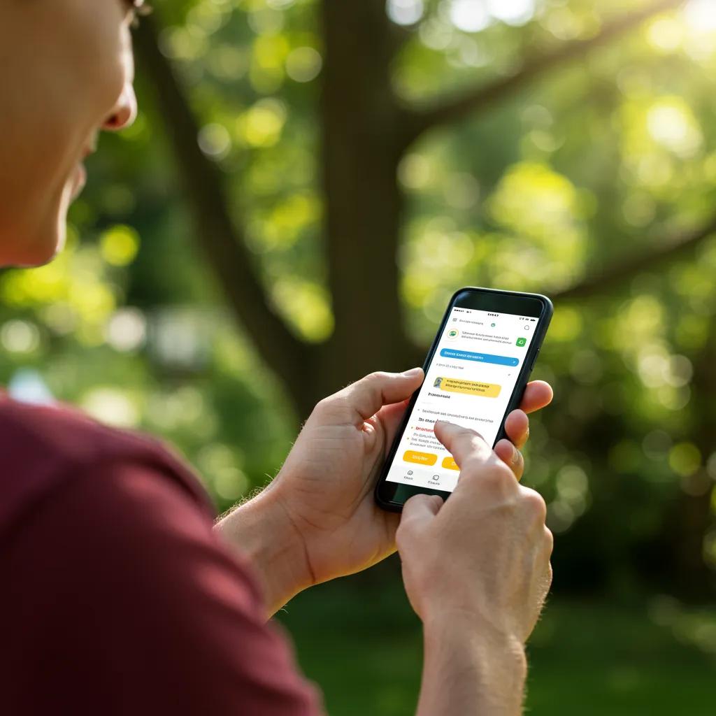 Homeowner browsing tree service reviews on social media in a sunny outdoor setting