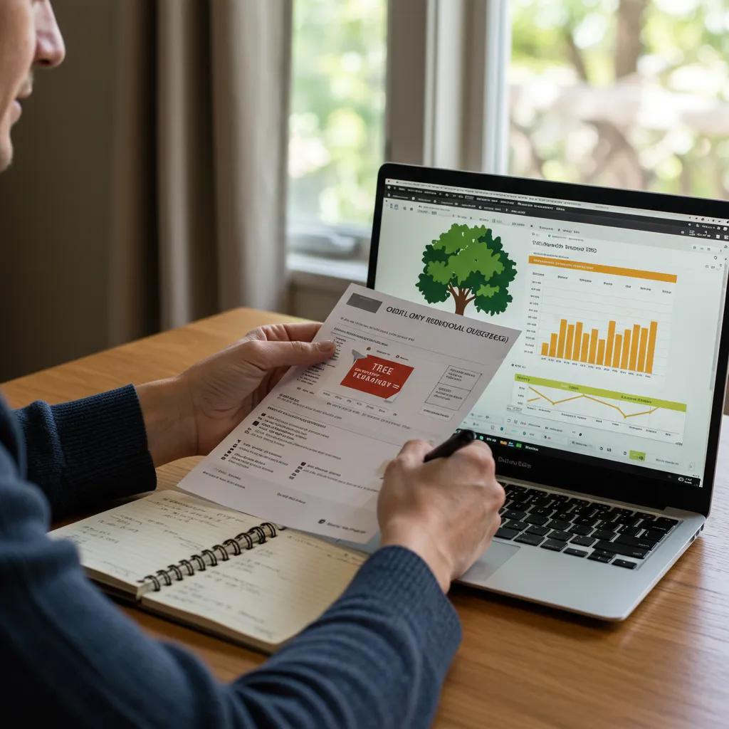 Homeowner comparing multiple tree removal quotes at a table, emphasizing the importance of price comparison