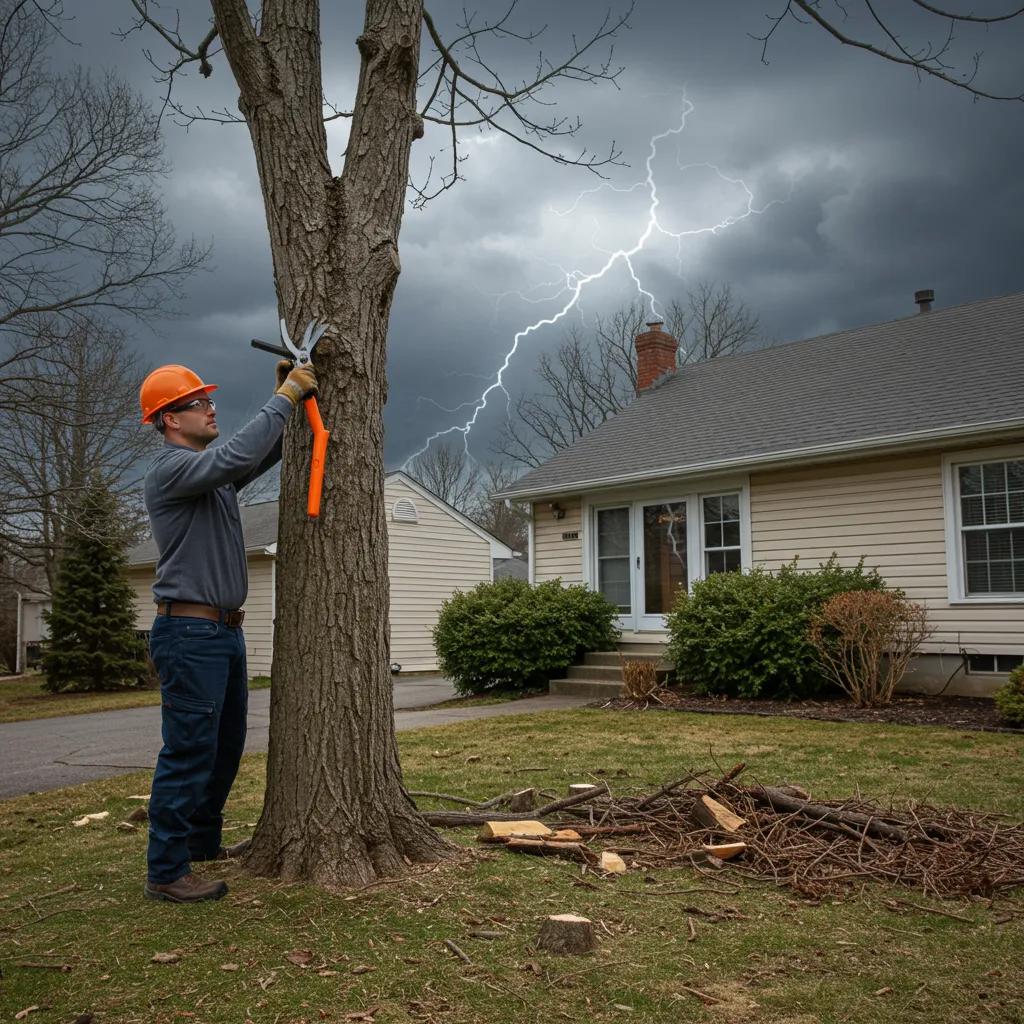 Homeowner preparing trees for storm season through pruning and inspection