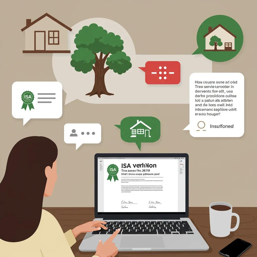 Homeowner verifying tree service credentials on social media with a laptop