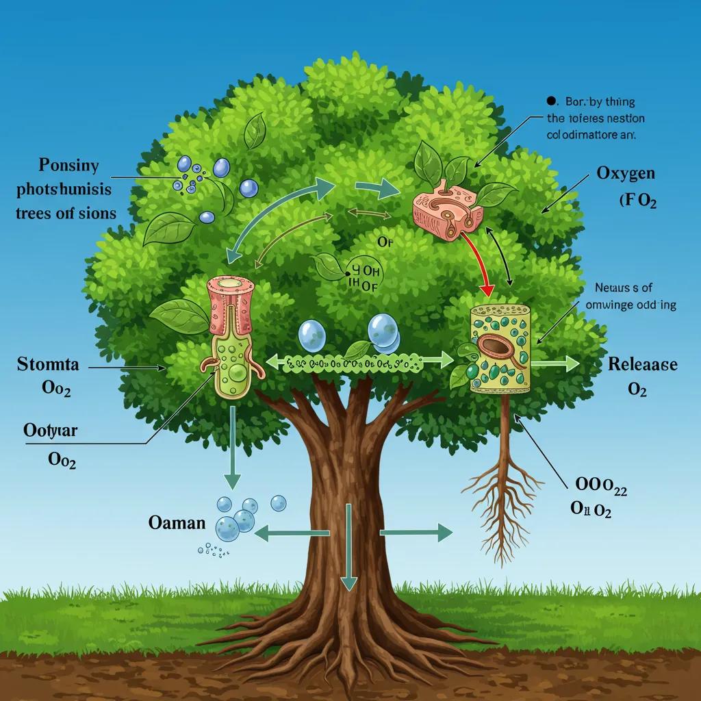 Illustration of photosynthesis in trees showing CO2 absorption and oxygen release