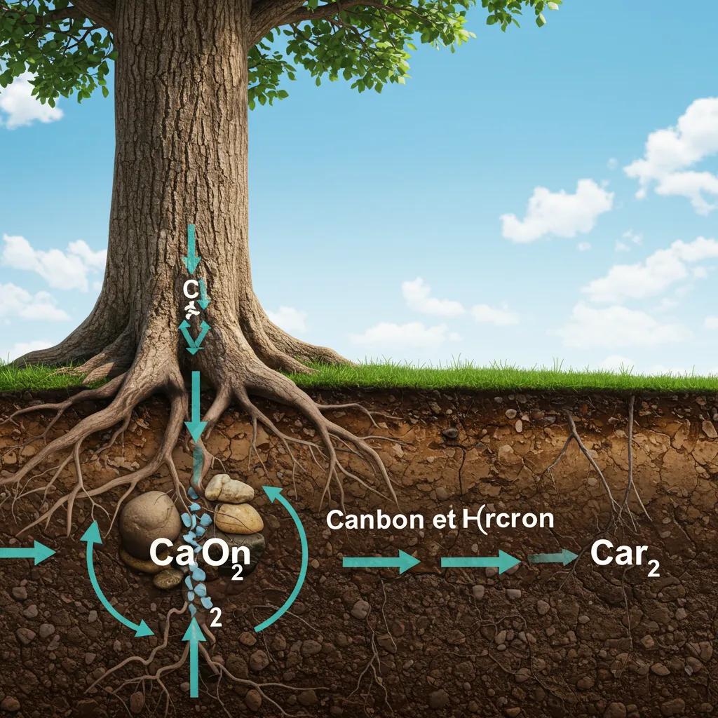 Illustration of tree roots and soil showing carbon sequestration process