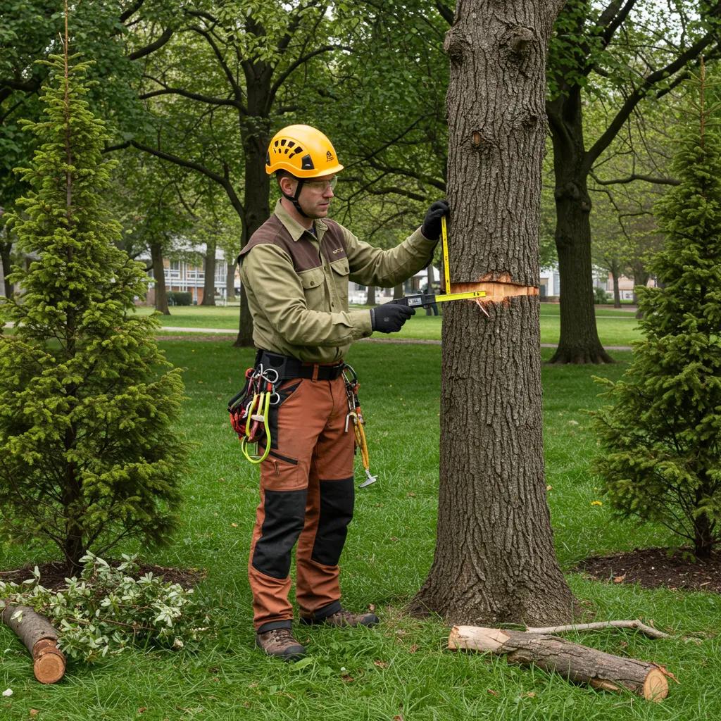 ISA certified arborist measuring tree diameter during an appraisal in a park setting