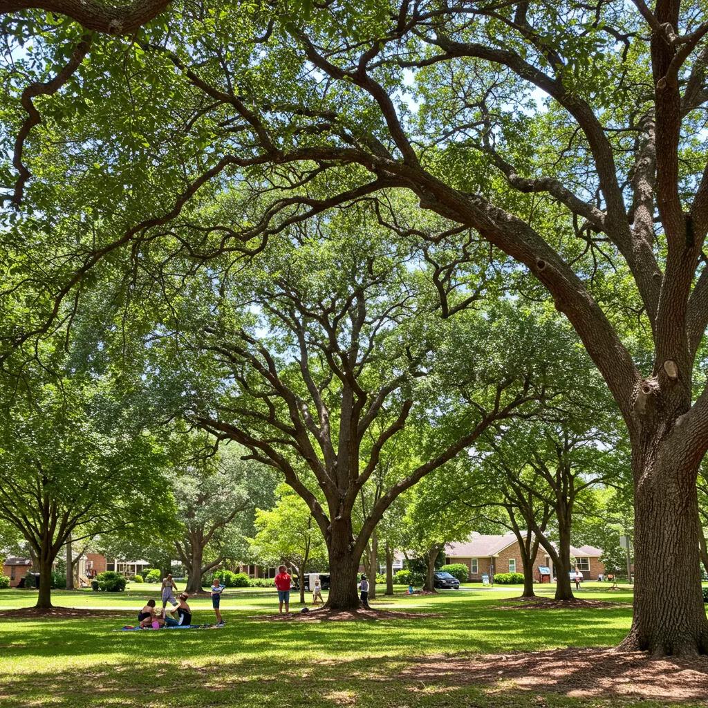 Neighborhood trees enhancing air quality with families enjoying the outdoors