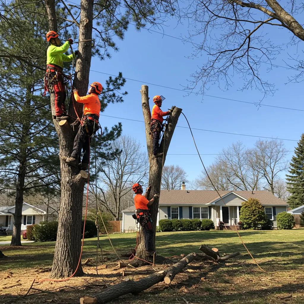Professional tree service team working on tree care in a residential yard