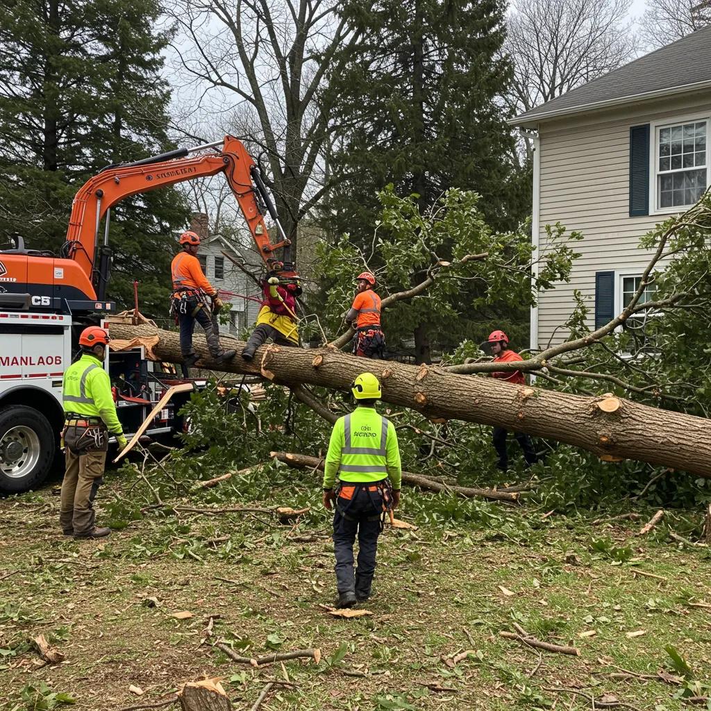Tree removal crew addressing emergency tree hazards near a house