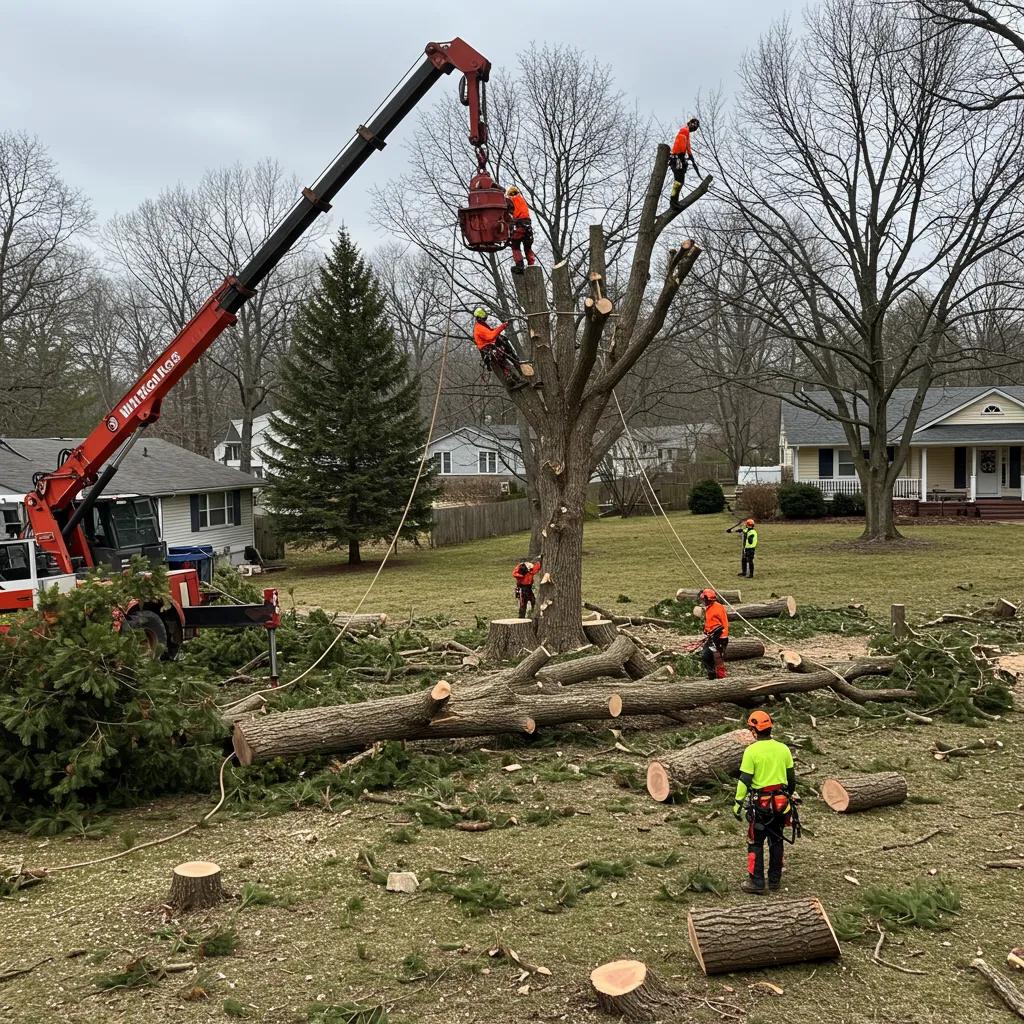 Tree removal crew safely cutting down a large tree in a residential yard, showcasing teamwork and safety equipment