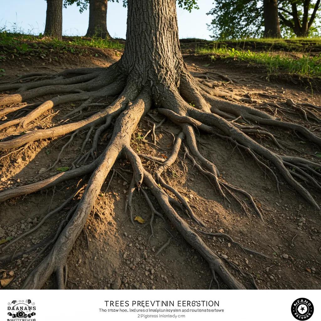 Tree roots stabilizing soil on a slope, illustrating erosion control mechanisms