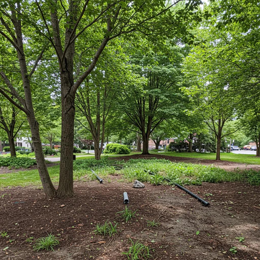 Urban trees enhancing stormwater management near a rain garden