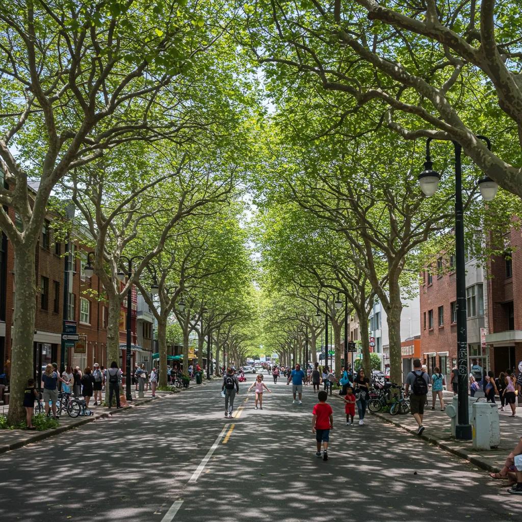 Urban trees providing shade and improving air quality in a bustling city environment