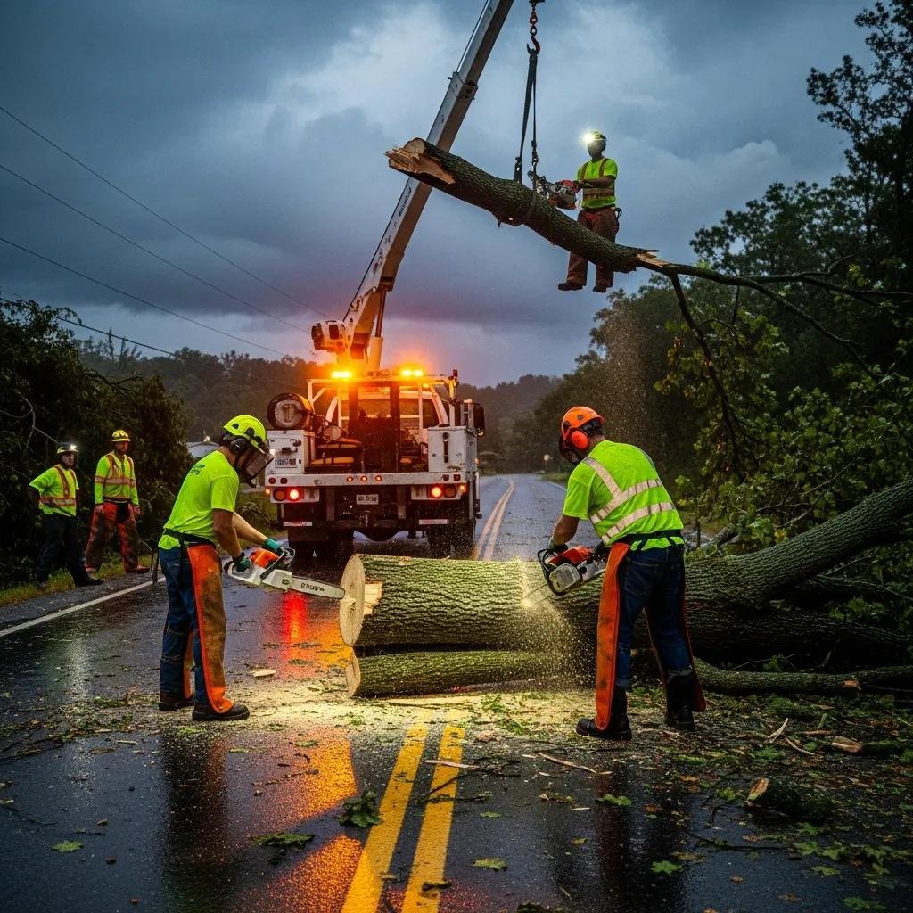 Emergency tree removal team clearing fallen trees after a storm, showcasing urgent tree care services