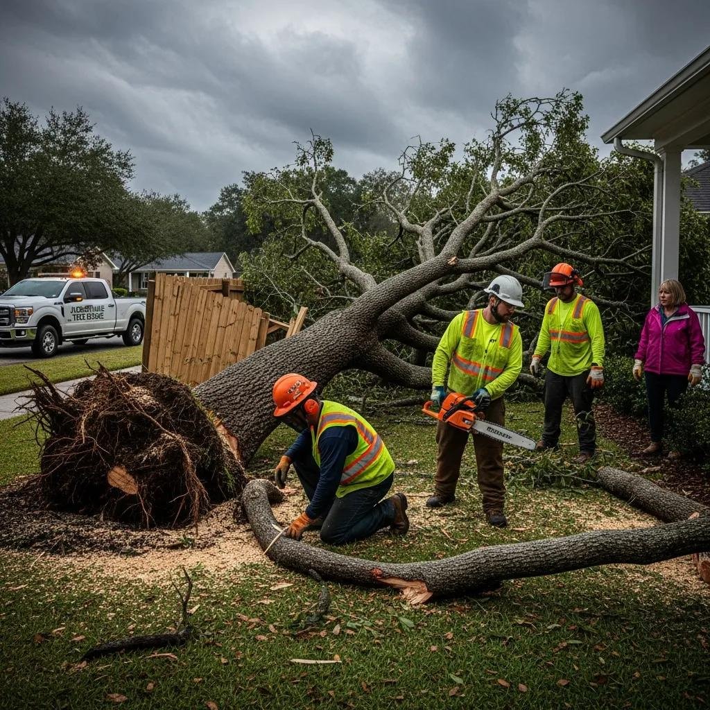 Emergency tree service professionals assessing a fallen tree on a residential property in Jacksonville