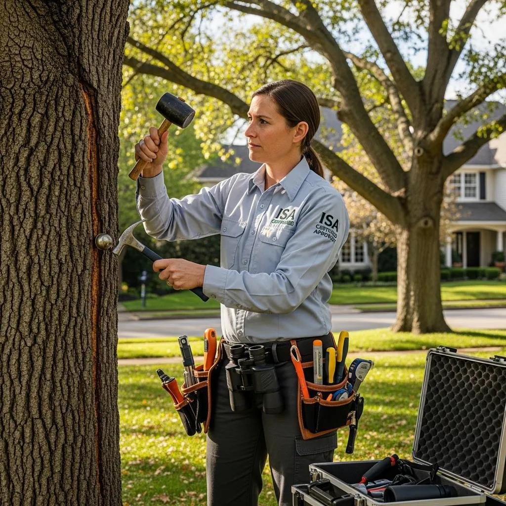 ISA certified arborist assessing tree health in a residential landscape, emphasizing professional tree care