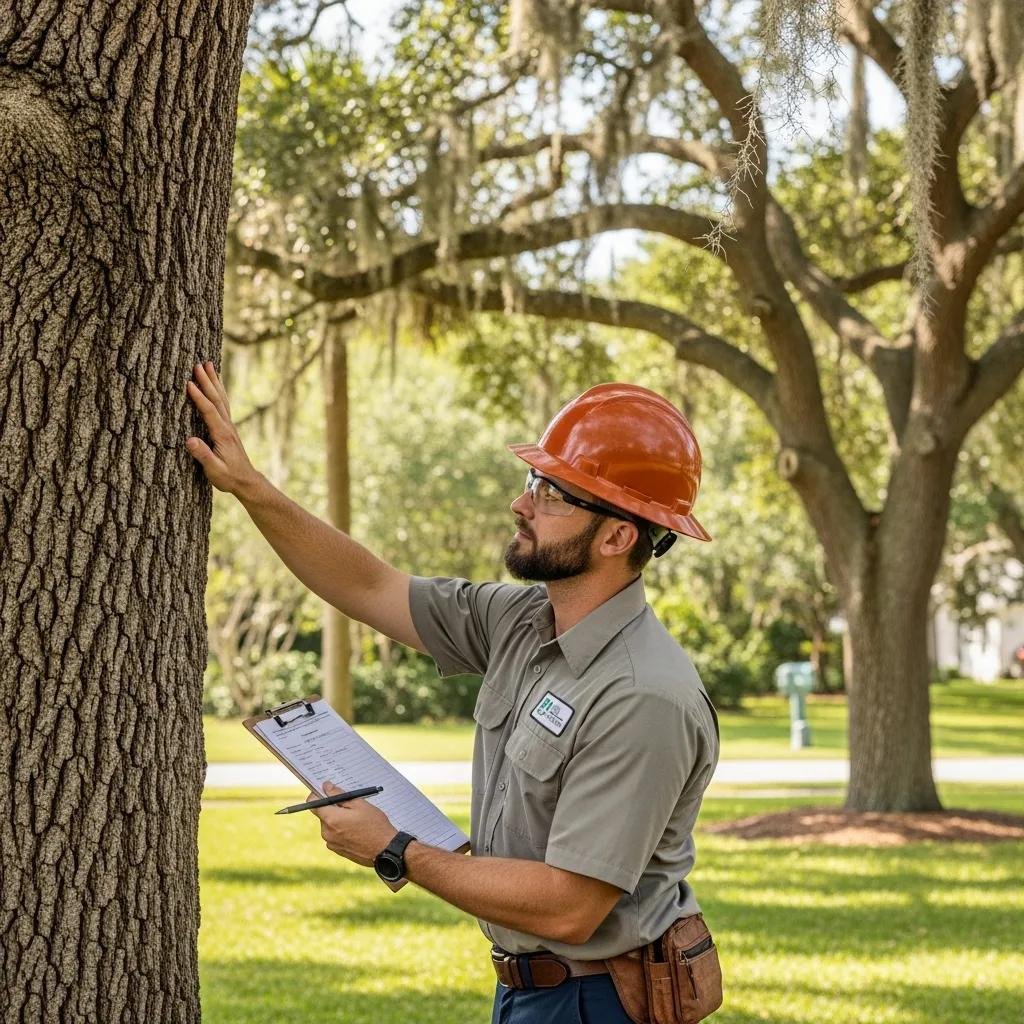 ISA certified arborist conducting a tree health assessment in Jacksonville, surrounded by healthy trees